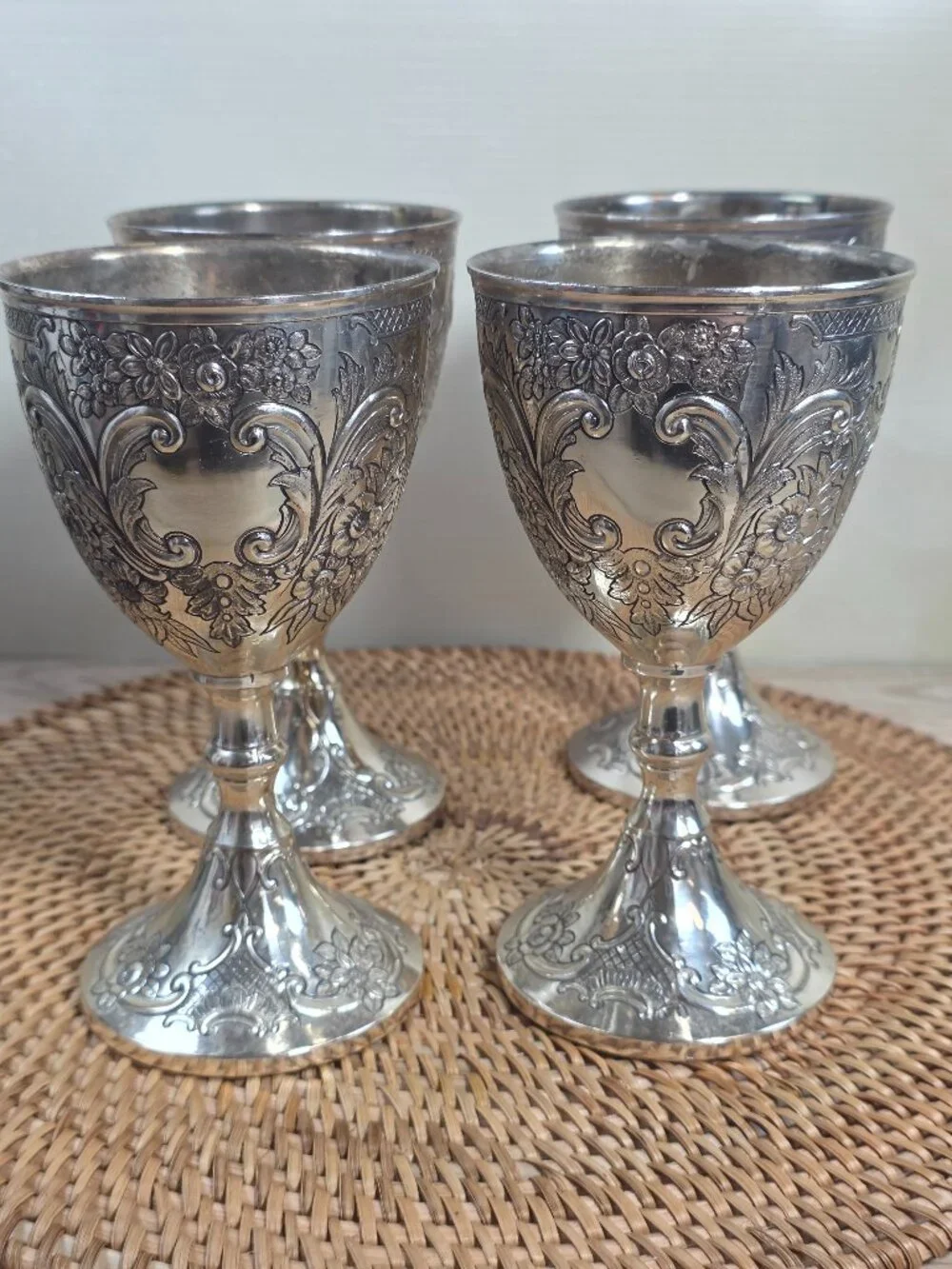 Vtg Ornate Silver Plated Goblets Floral Repousse Rococo Set 4 Wine Chalices MCM